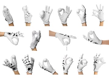 Image of Golf player in glove holding ball on white background, set