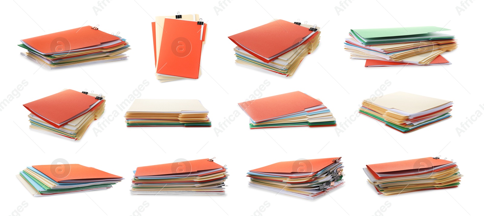 Image of Documents in colorful file folders with binder clips isolated on white, set
