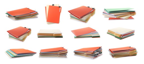 Image of Documents in colorful file folders with binder clips isolated on white, set