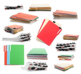 Image of Documents in colorful file folders with binder clips isolated on white, set