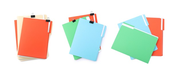 Image of Documents in colorful file folders with binder clips isolated on white, set. Top view