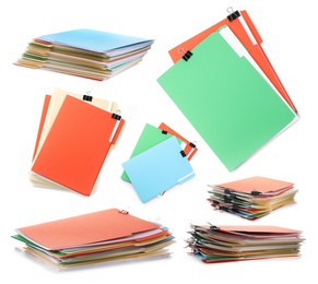 Image of Documents in colorful file folders with binder clips isolated on white, set