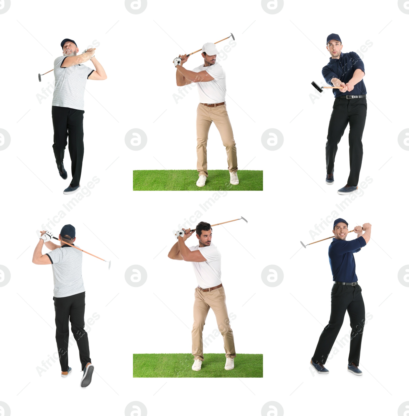 Image of Men with golf club on white background, collage