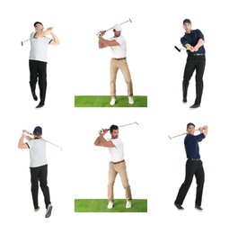 Image of Men with golf club on white background, collage