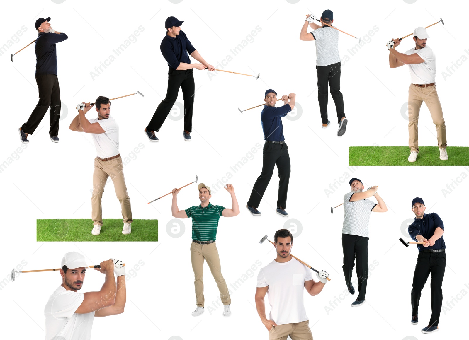Image of Men with golf club on white background, collage
