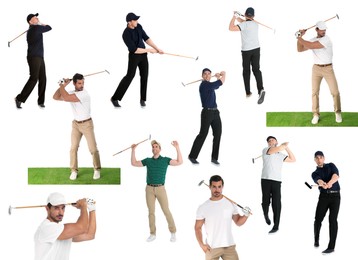 Image of Men with golf club on white background, collage