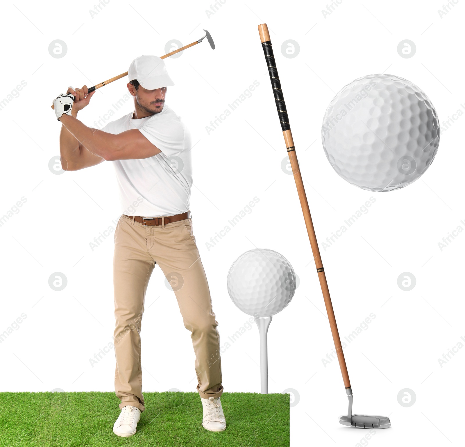 Image of Golf themed collage with player and equipment on white background