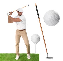 Image of Golf themed collage with player and equipment on white background