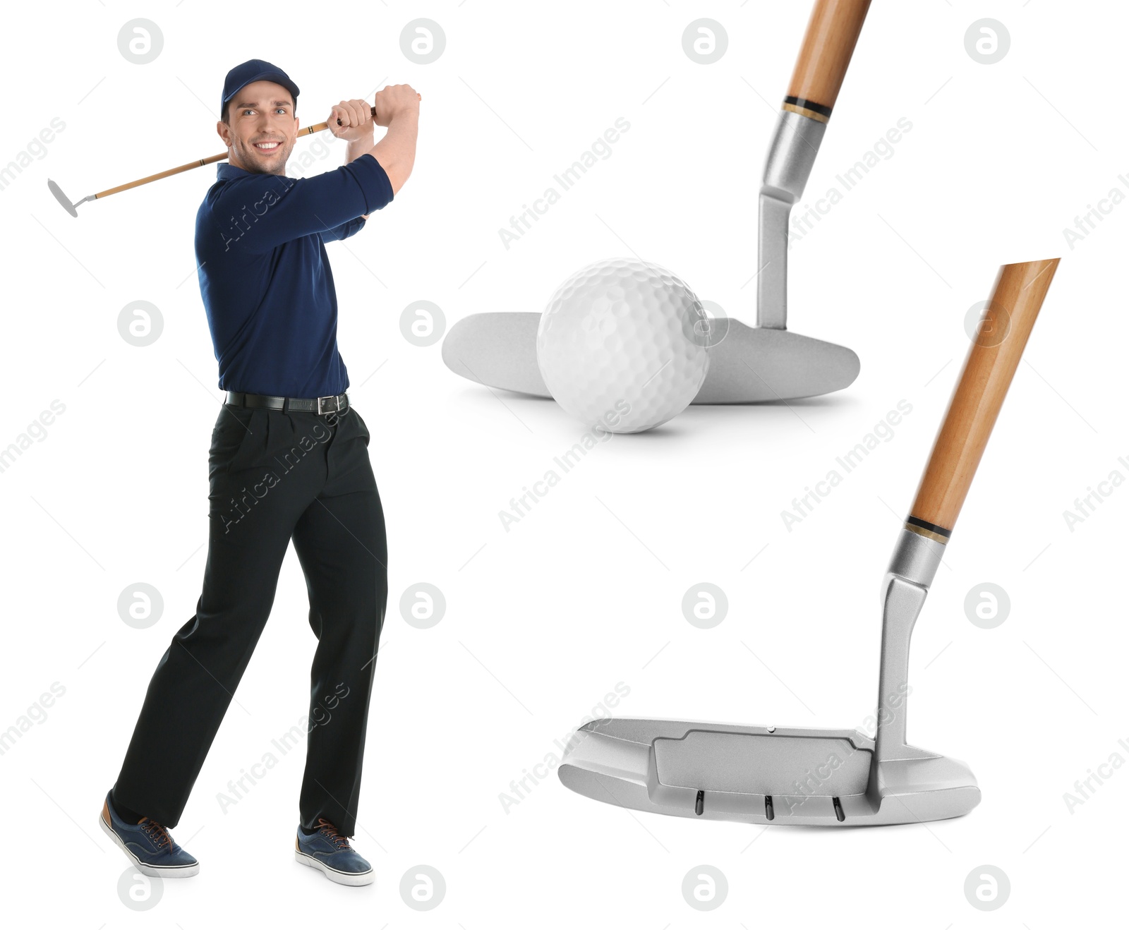 Image of Golf themed collage with player and equipment on white background
