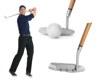 Image of Golf themed collage with player and equipment on white background