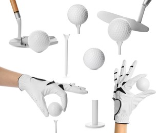 Image of Golf club, ball, tee and player's hand in glove isolated on white, set