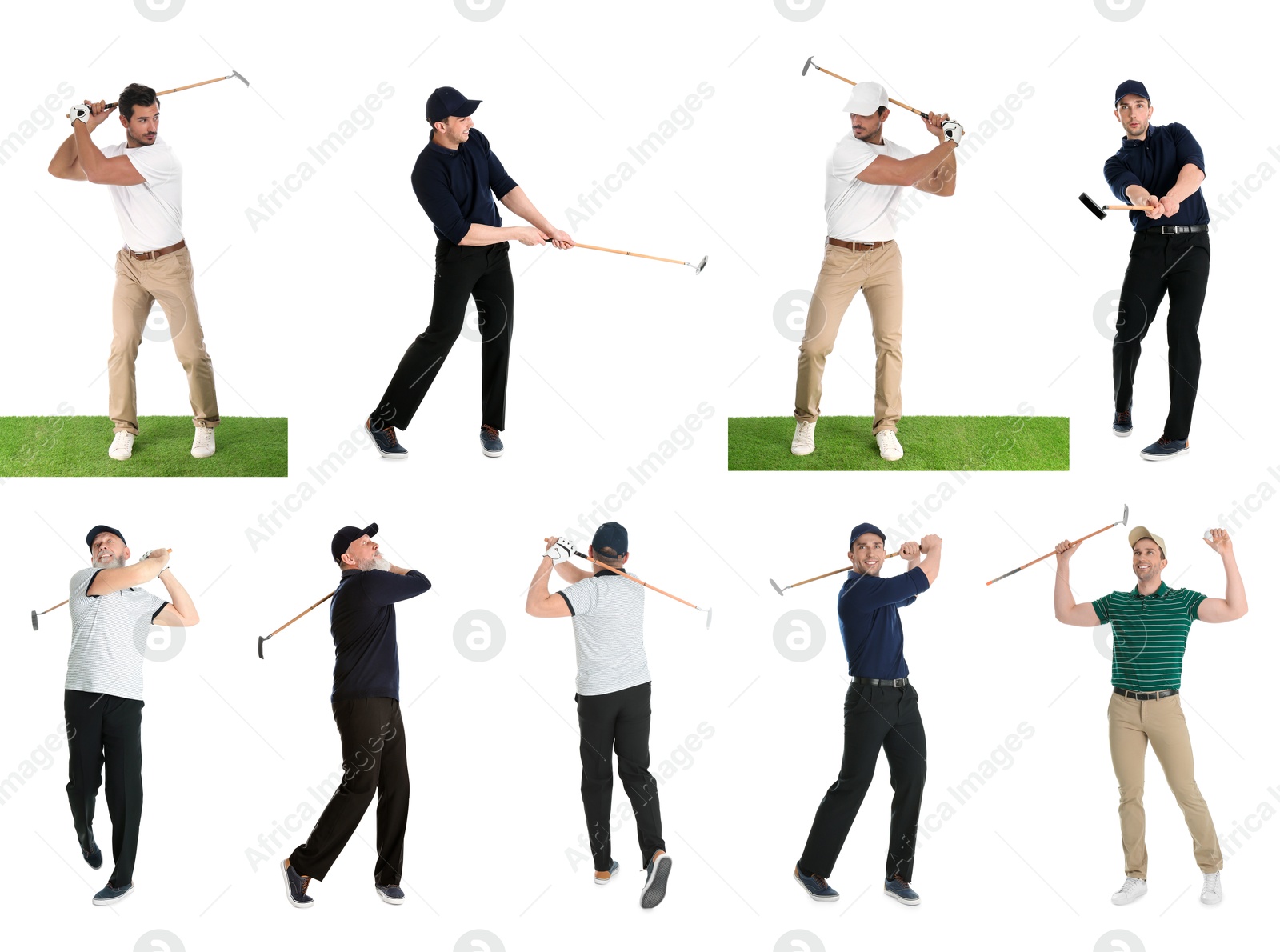 Image of Men with golf club on white background, collage