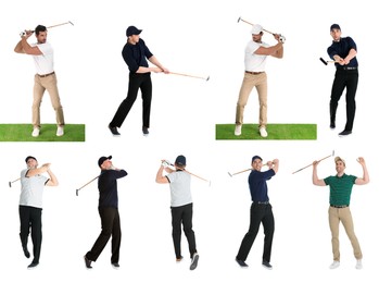 Image of Men with golf club on white background, collage