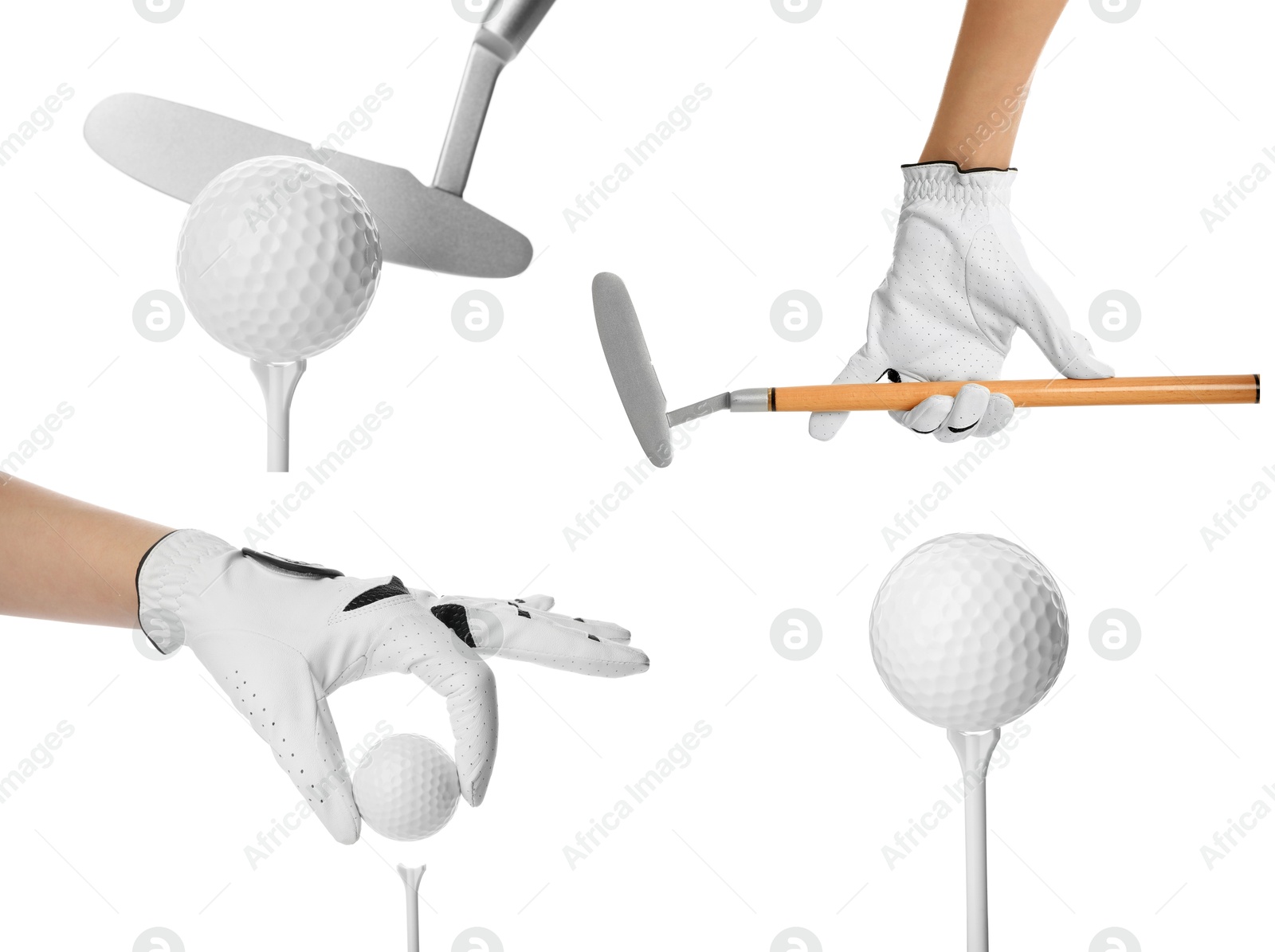 Image of Golf club, ball, tee and player's hand in glove isolated on white, set