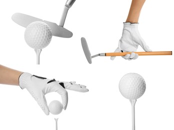 Image of Golf club, ball, tee and player's hand in glove isolated on white, set