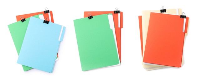 Image of Documents in colorful file folders with binder clips isolated on white, set. Top view