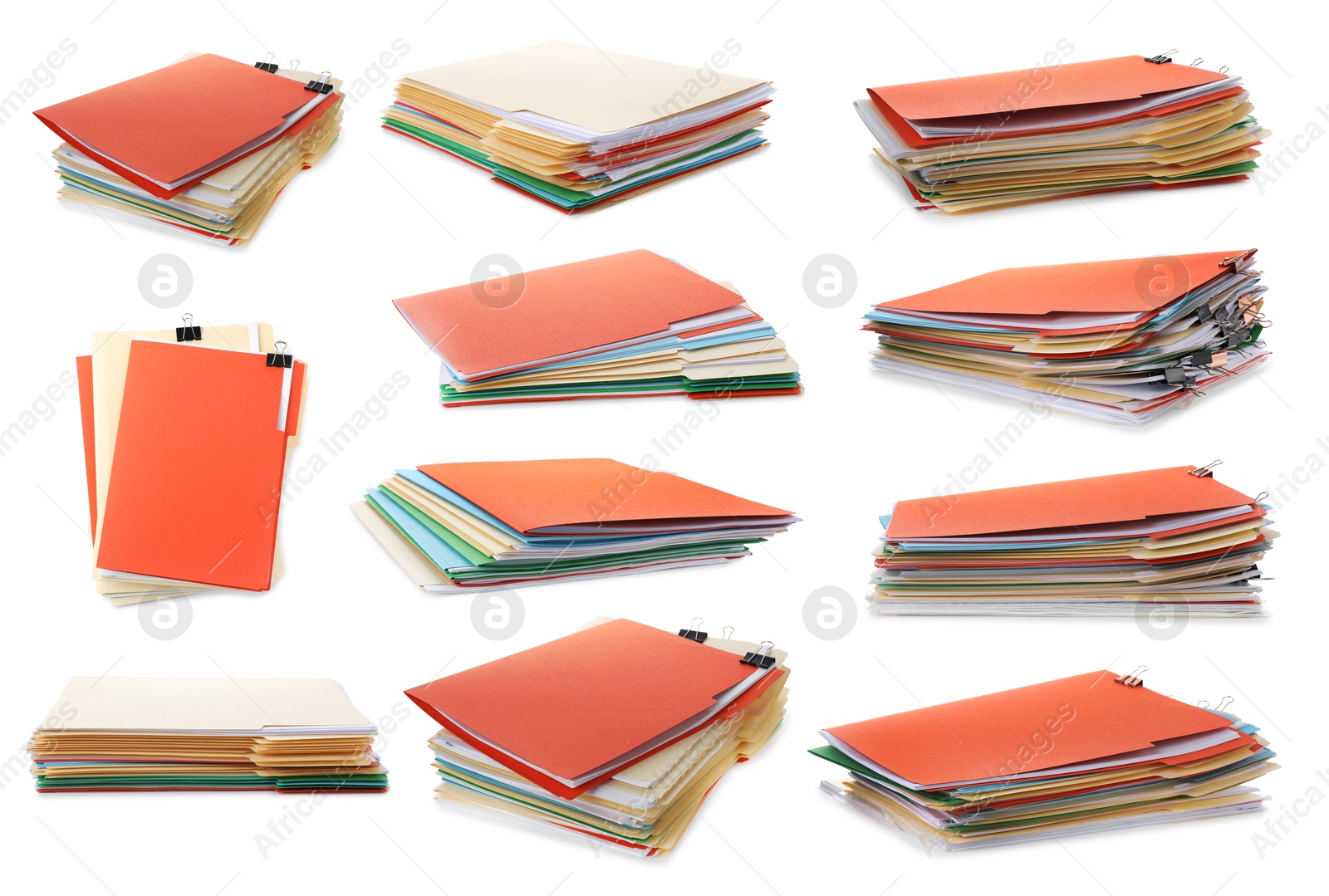 Image of Documents in colorful file folders with binder clips isolated on white, set