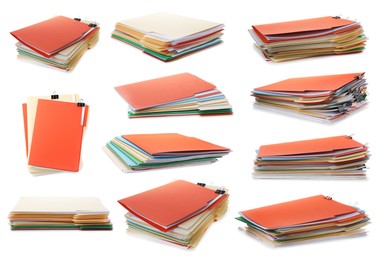Image of Documents in colorful file folders with binder clips isolated on white, set