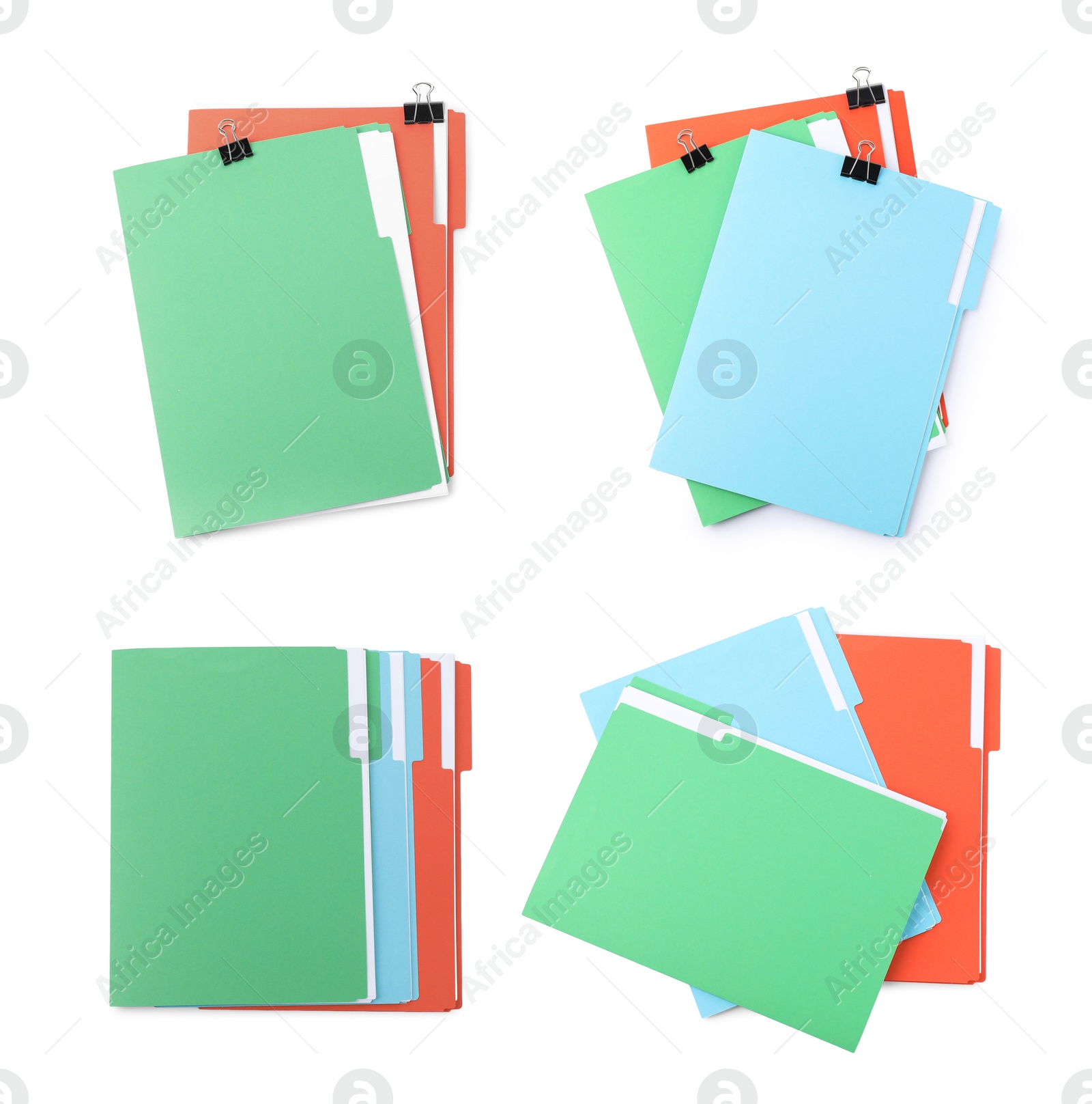 Image of Documents in colorful file folders with binder clips isolated on white, set. Top view