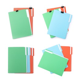 Image of Documents in colorful file folders with binder clips isolated on white, set. Top view