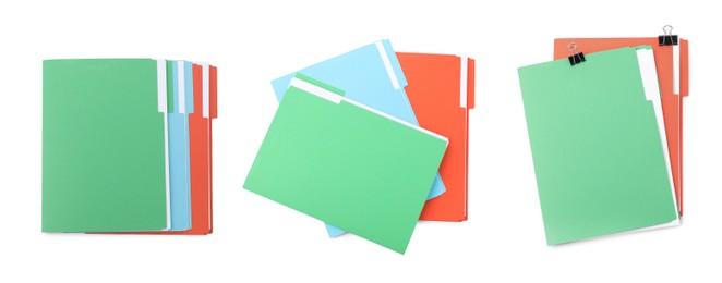 Image of Documents in colorful file folders with binder clips isolated on white, set. Top view