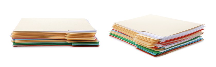 Image of Documents in colorful file folders isolated on white, collage