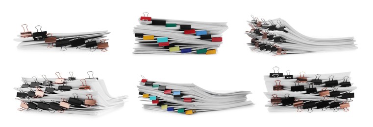 Image of Documents with binder clips isolated on white, set