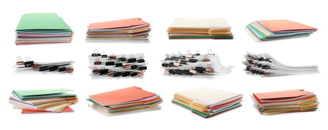 Image of Documents in colorful file folders with binder clips isolated on white, set