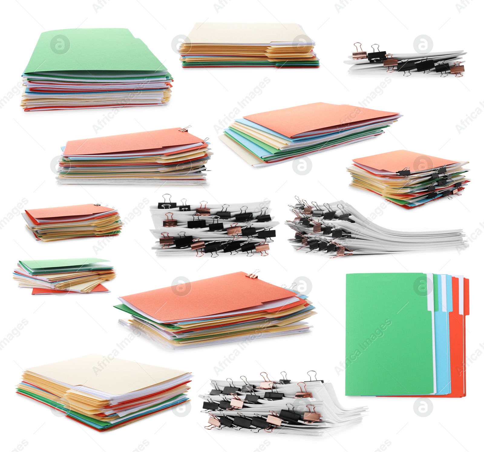 Image of Documents in colorful file folders with binder clips isolated on white, set
