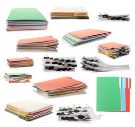 Image of Documents in colorful file folders with binder clips isolated on white, set