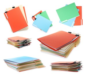 Image of Documents in colorful file folders with binder clips isolated on white, set