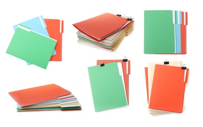 Image of Documents in colorful file folders with binder clips isolated on white, set