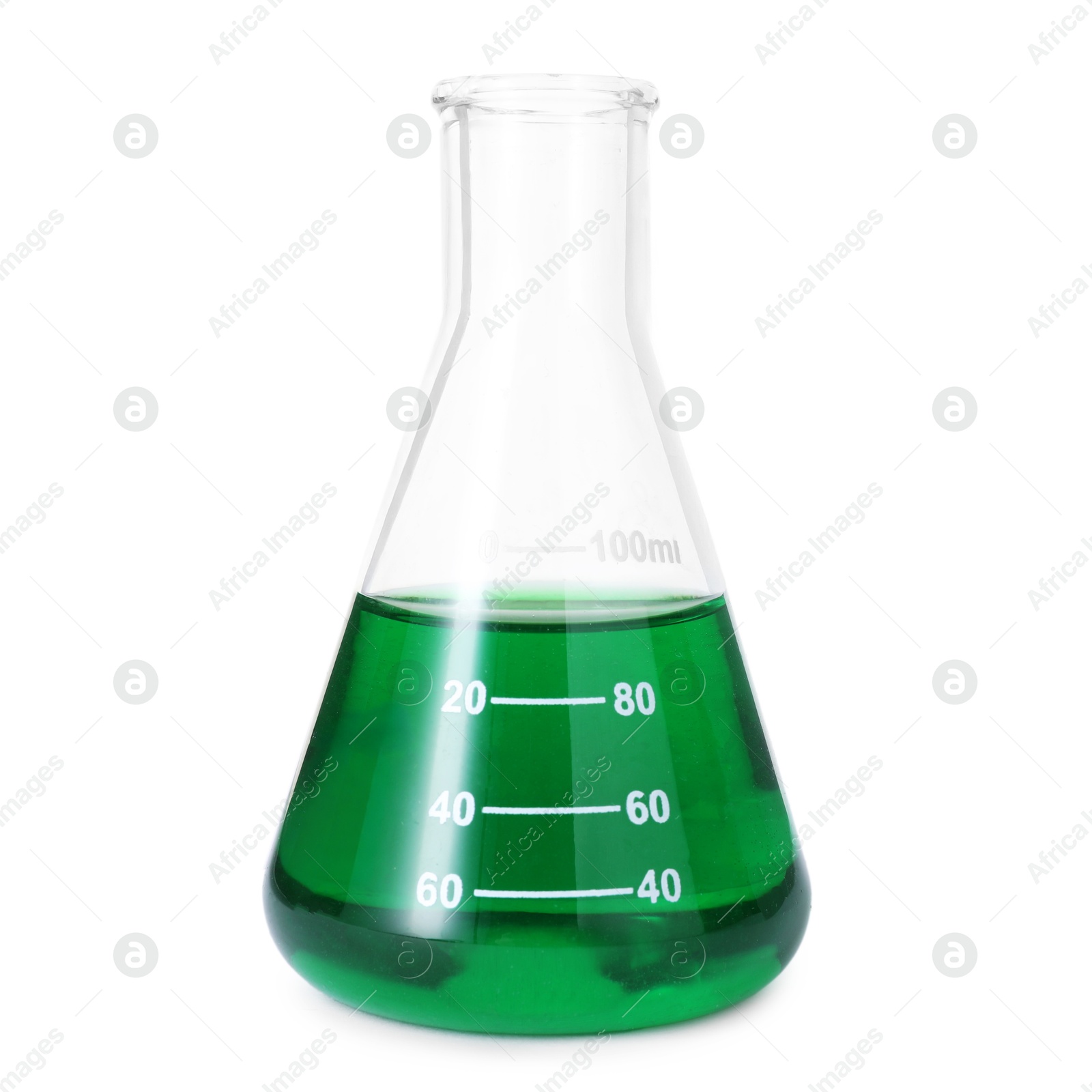 Photo of Glass flask with green liquid isolated on white