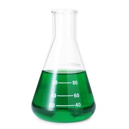 Photo of Glass flask with green liquid isolated on white
