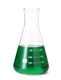 Photo of Glass flask with green liquid isolated on white