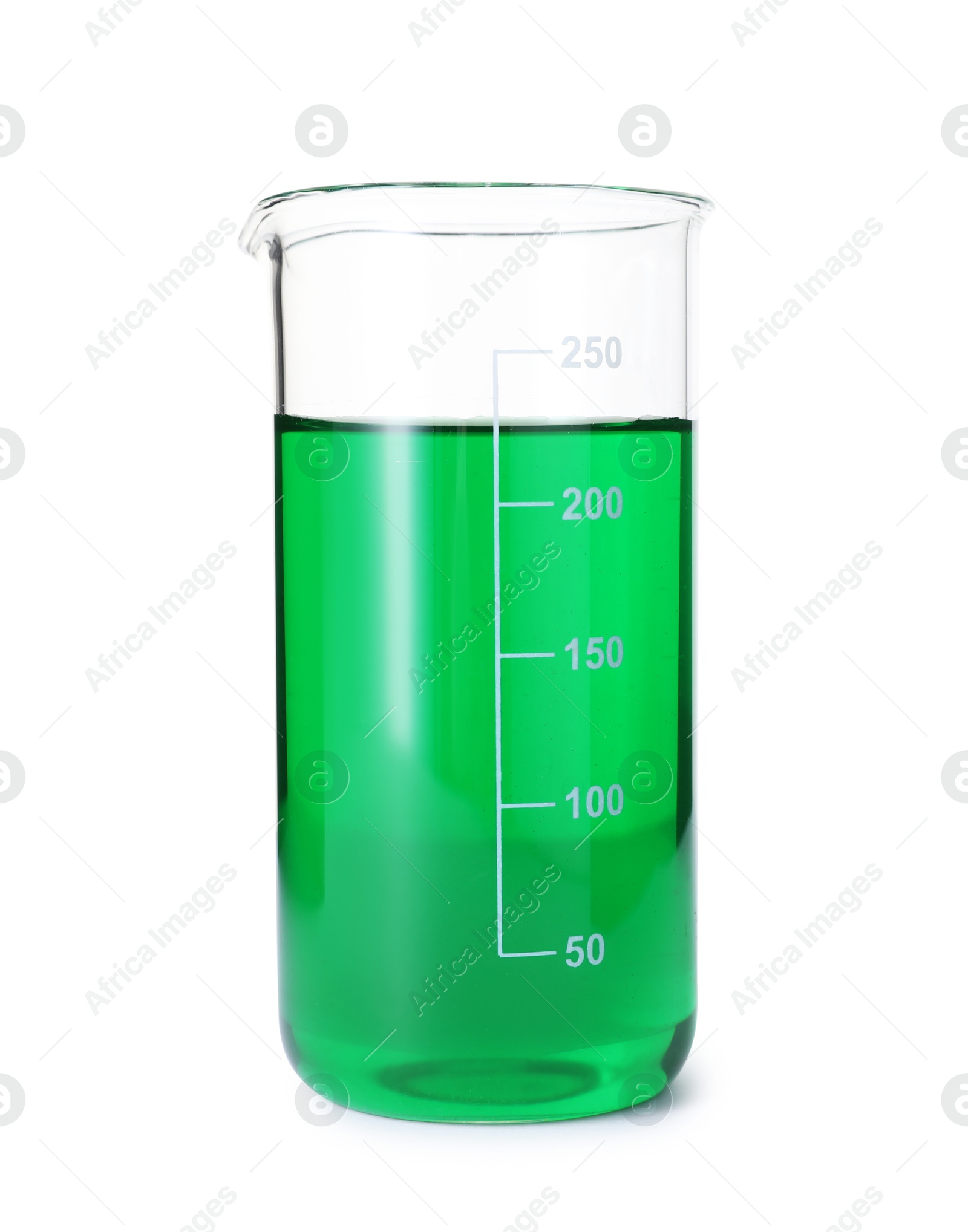 Photo of Glass beaker with green liquid isolated on white