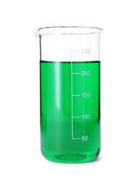Photo of Glass beaker with green liquid isolated on white