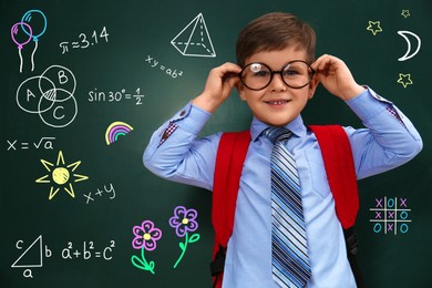 Image of Child wearing eyeglasses near green chalkboard with formulas and drawings