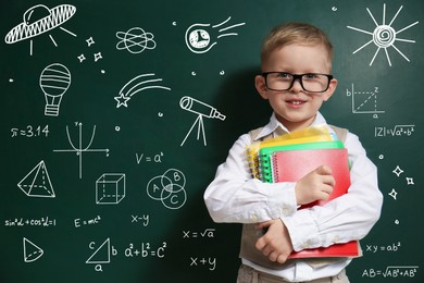 Image of Child wearing eyeglasses near green chalkboard with formulas and drawings