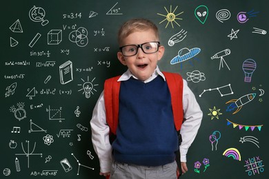 Image of Emotional child near green chalkboard with formulas and drawings