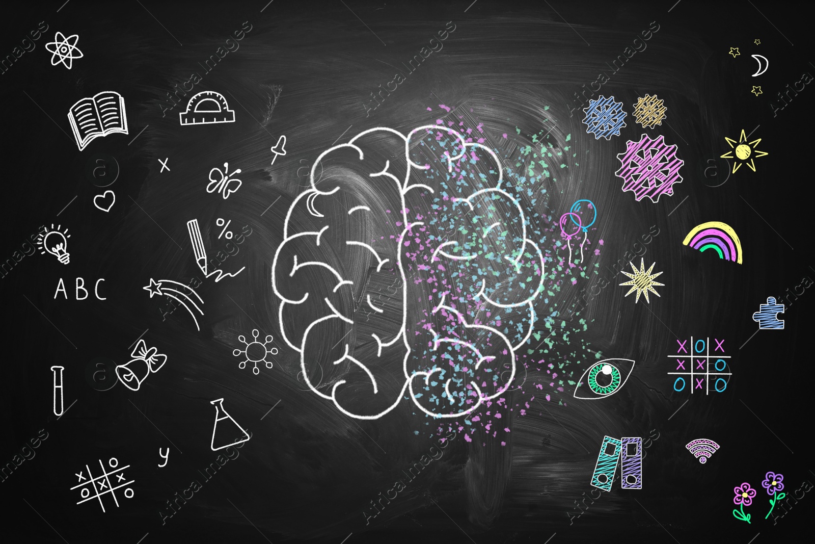 Image of Chalked brain and different drawings on blackboard showing concept of hemispheric dominance