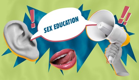 Image of Sex education creative collage with speech bubble between loudspeaker in hand and human ear