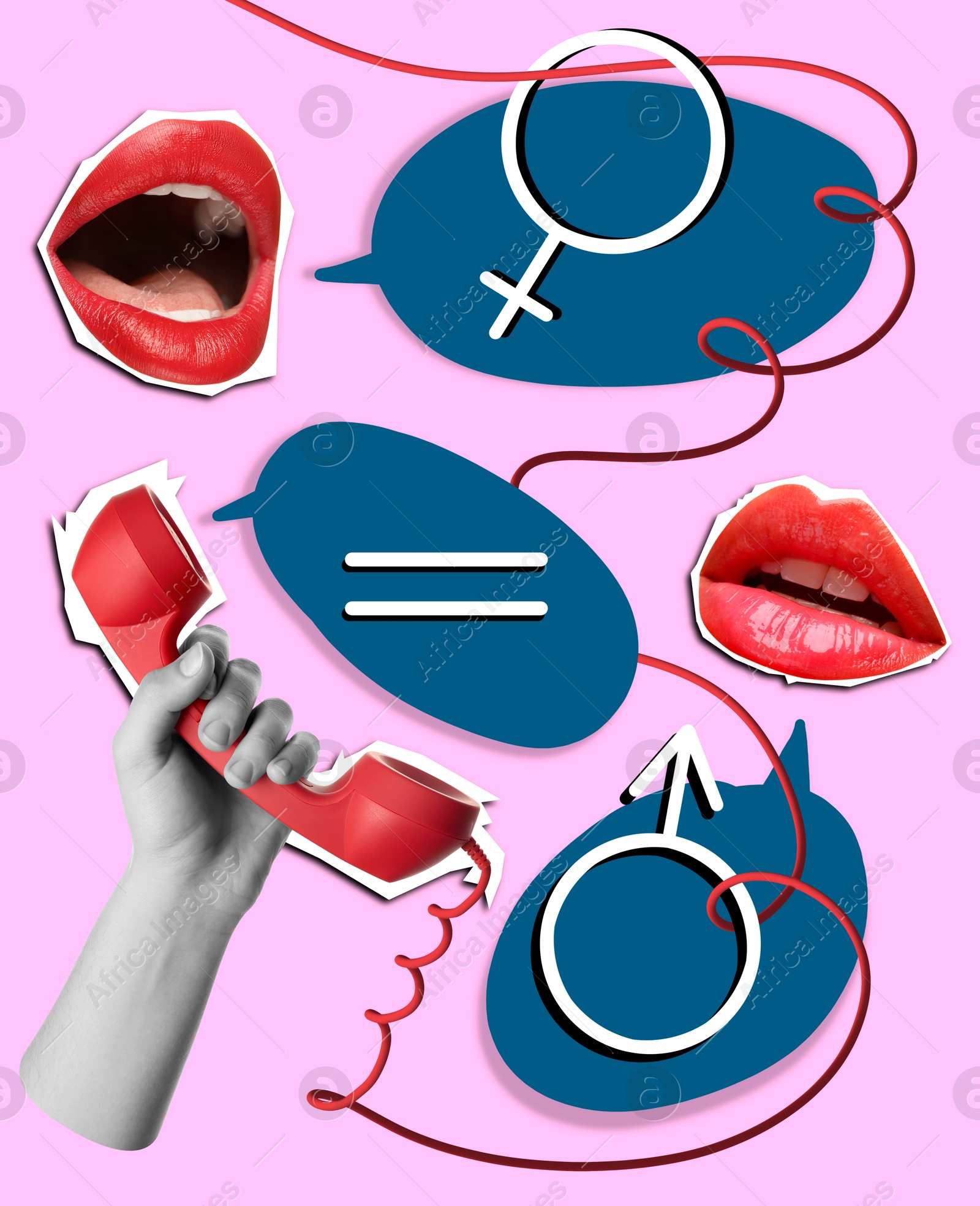 Image of Sex education creative collage. Speech bubbles with female and male gender signs, lips and corded telephone handset in hand. Bright pink background