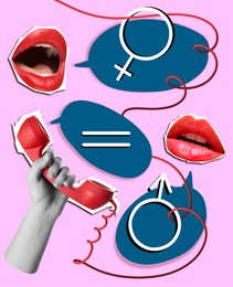 Image of Sex education creative collage. Speech bubbles with female and male gender signs, lips and corded telephone handset in hand. Bright pink background