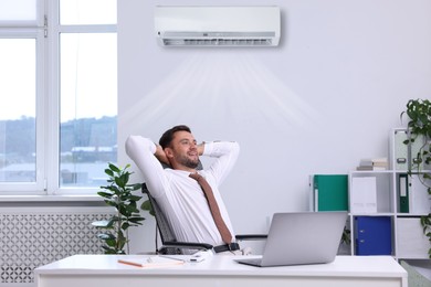 Image of Worker under air conditioner in office. Keeping comfortable temperature
