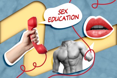 Image of Sex education creative collage with red corded telephone handset, female lips and male torso