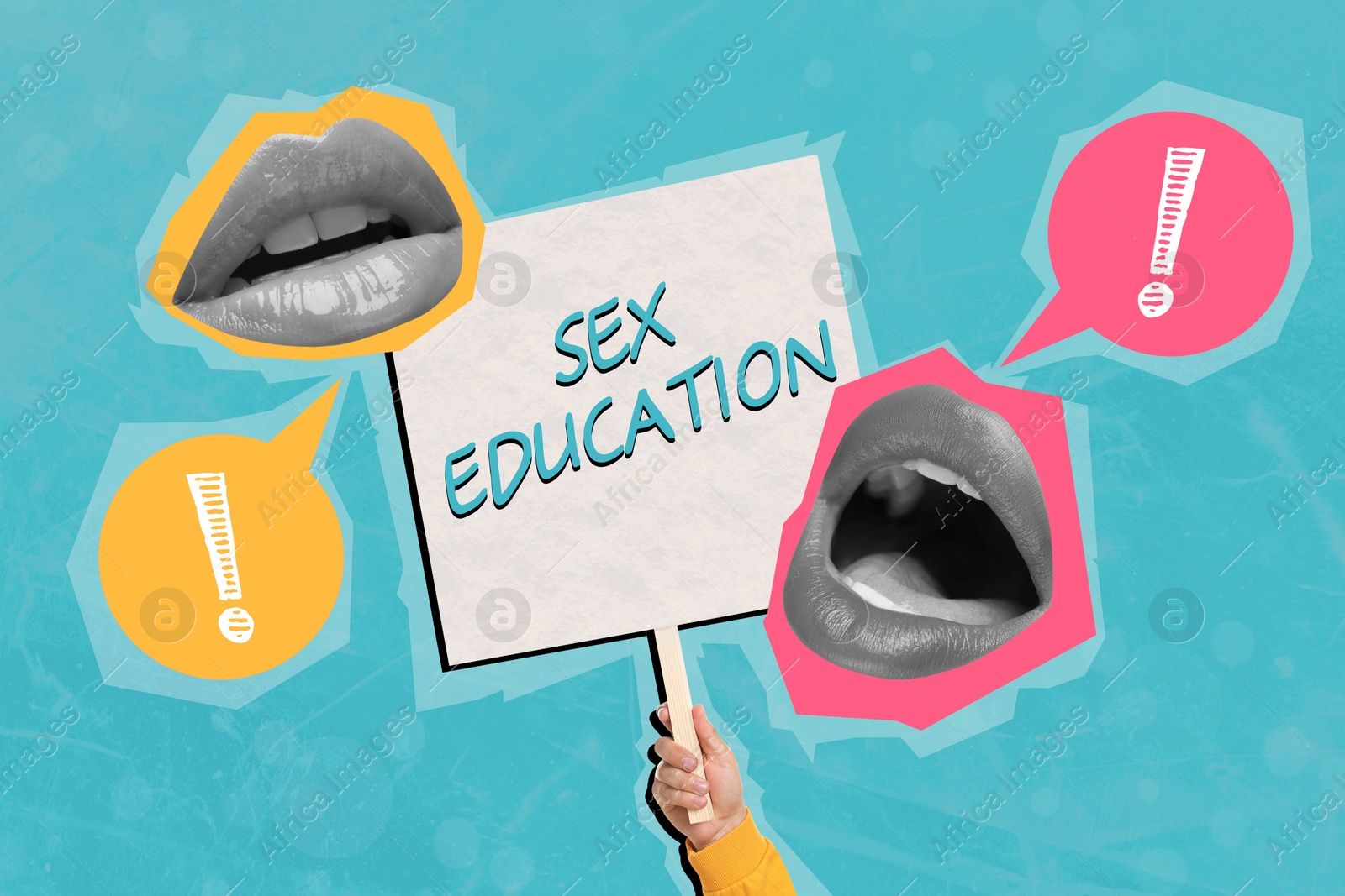 Image of Sex education creative collage with female lips and sign in hand on light blue background