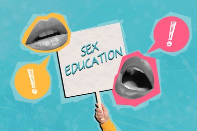 Image of Sex education creative collage with female lips and sign in hand on light blue background