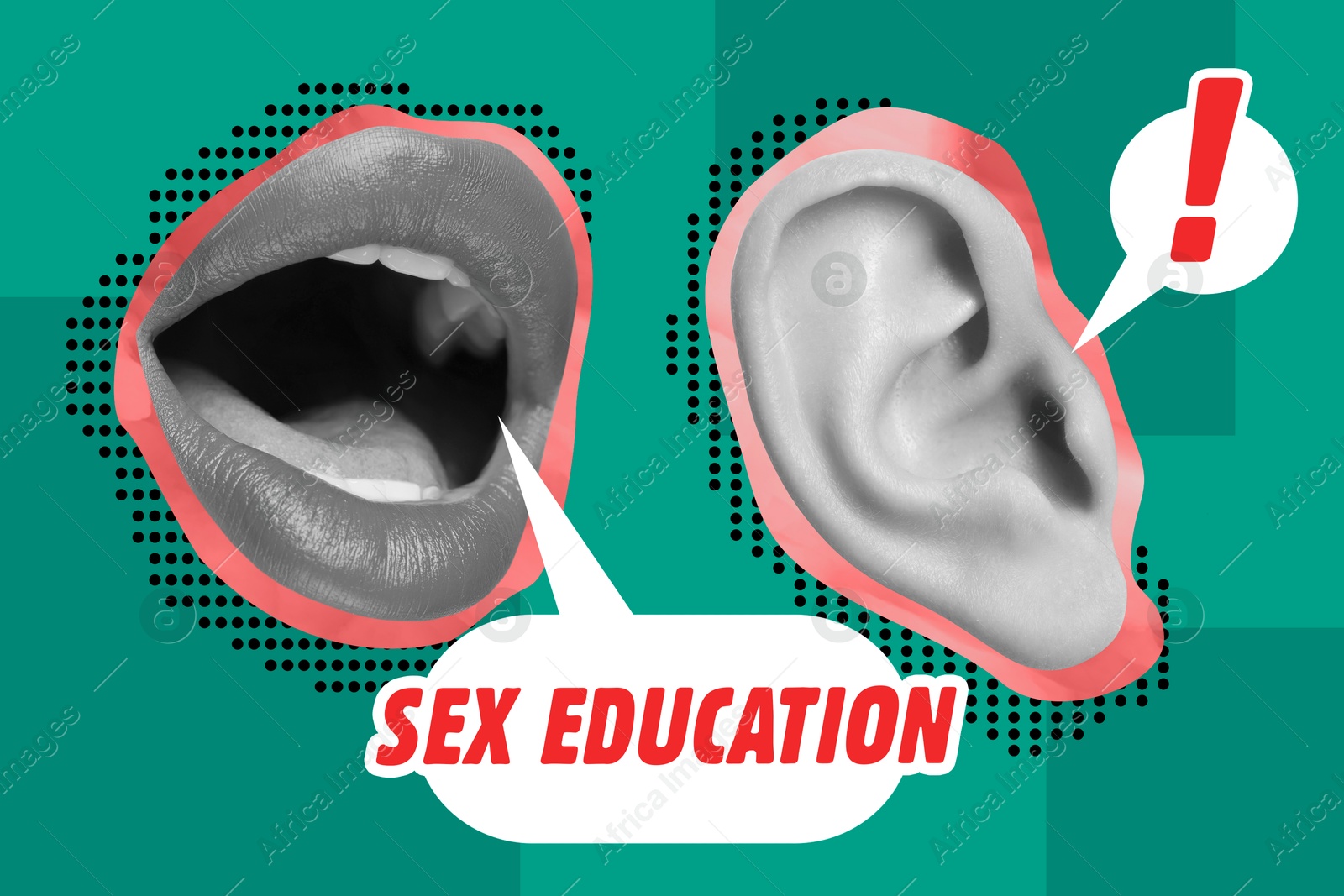 Image of Sex education creative collage with speech bubbles, female lips and human ear against teal background