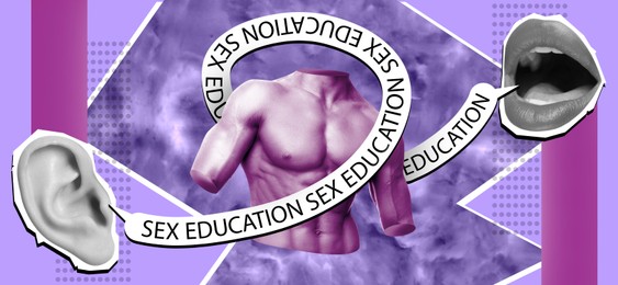 Image of Sex education creative collage with male torso between female lips and human ear. Colorful background